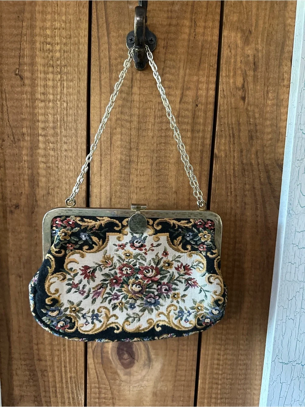 Floral Tapestry Evening Clutch in Black and Cream